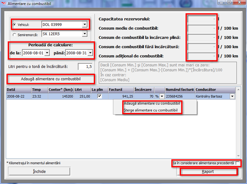 13. Modulul de combustibil Pentru a lansa modulul de combustibil mergeţi la Combustibil/Calcularea alimentării cu combustibil. 13.1. Adăugarea şi editarea alimentărilor După lansarea raportului apare fereastra în care putem adăuga sau şterge alimentările.