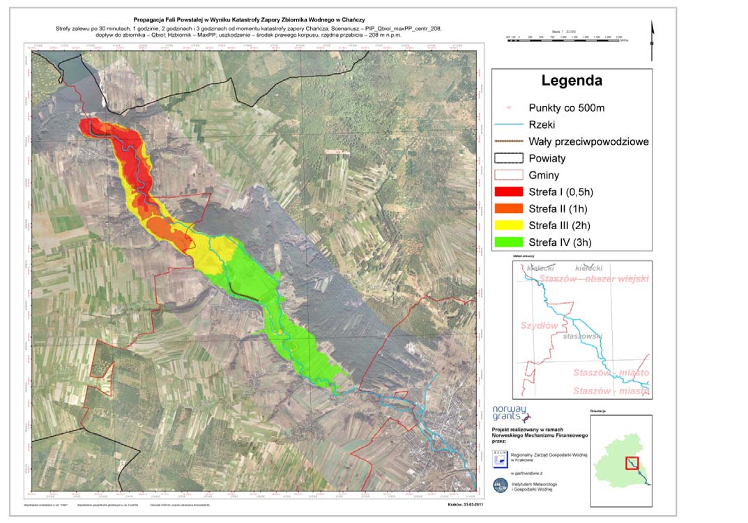 kierunków przepływu wody i potencjalnej skali możliwych zniszczeń w infrastrukturze drogowej oraz zabudowie. Fig. 4. Mapa propagacji fali powodziowej w dolinie poniżej zapory.