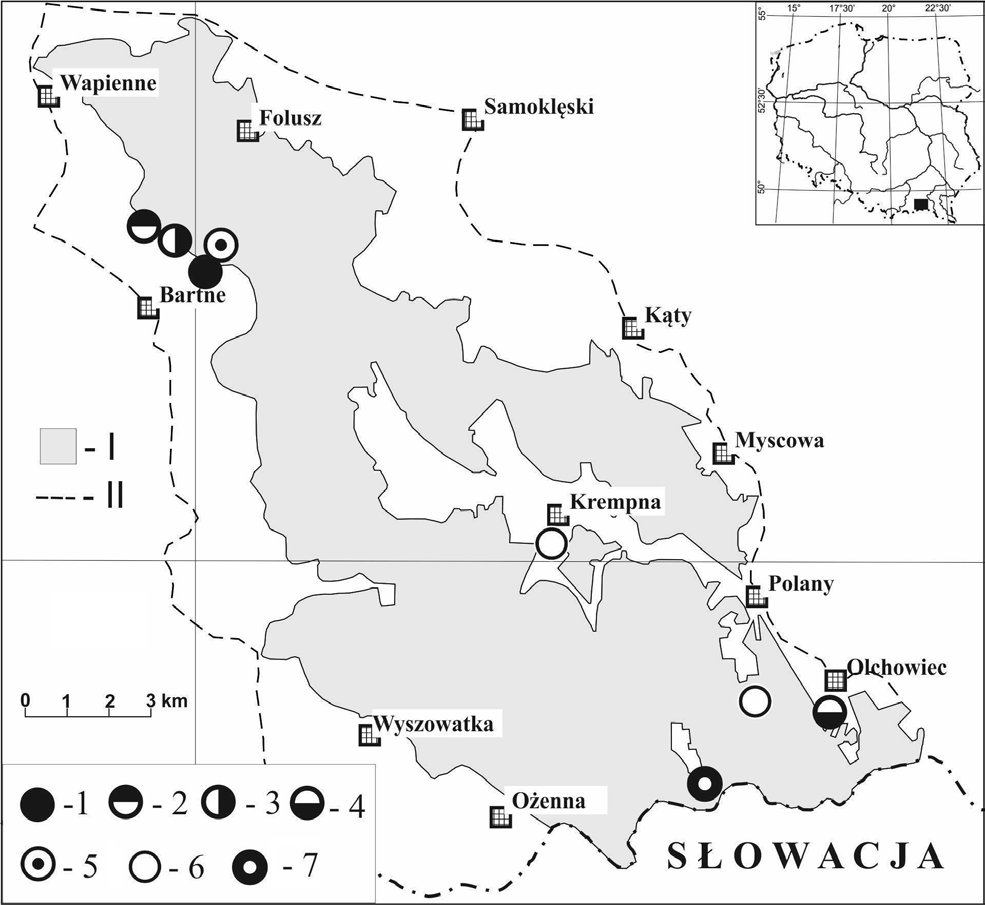 142 ROCZNIKI BIESZCZADZKIE 2011 (19) Ryc. 1. Rozmieszczenie stanowisk nowych gatunków dla Magurskiego Parku Narodowego. Fig. 1. Distribution of localities of mosses new to the Magurski National Park.