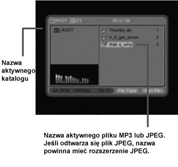PL Odtwarzanie MP3 Odtwarzanie Kodak Picture CD Jeśli włożona jest płyta z MP3, wyświetli się następujący ekran: Użyj przycisków w górę i w dół, aby wybrać plik w momencie, gdy w oknie znajduje się
