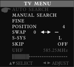 EN ATV PART 1.. Press SOURCE button to select ATV MODE. Press SETUP to display options as follows. A. Press DOWN button to select AUTO SEARCH, Press Right button to start auto search. B.