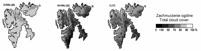 Ryc. 5. Średnie zachmurzenie ogólne nad Svalbardem w poszczególnych typach cyrkulacji w 2007 oraz średnia dla całego archipelagu Fig. 5. Mean monthly of total cloud cover in specific circulation type above Svalbard in 2007 and monthly mean the for whole archipelago Ryc.