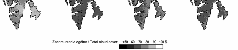 Ryc. 3. Średnie miesięczne wartości zachmurzenia ogólnego w poszczególnych rejonach (1a, 1b, 1c, 2, 3) archipelagu Svalbard (kolumny) oraz średnia miesięczna dla całego obszaru (linia ciągła) Fig. 3. Mean monthly of total cloud cover above each region (1a, 1b, 1c, 2, 3) of Svalbard archipelago (bars) and monthly mean for whole area (solid line) Ryc.