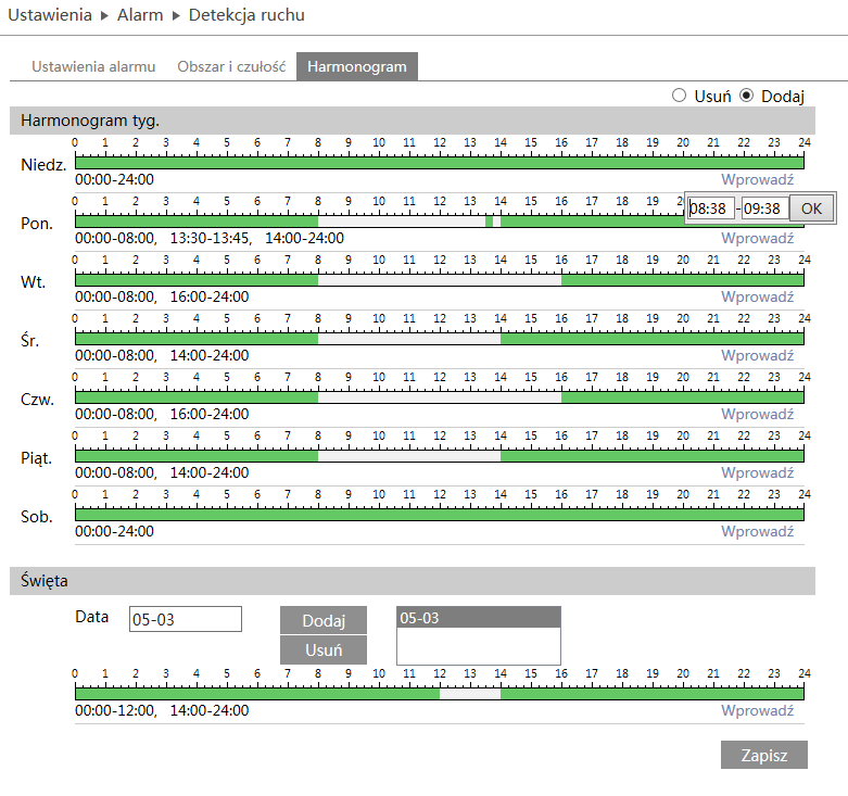 Kamery IP serii NVIP-3000 Instrukcja obsługi INTERFEJS WWW - PRACA Z KAMERĄ Harmonogram Kamera posiada możliwość wprowadzenia harmonogramu alarmów.
