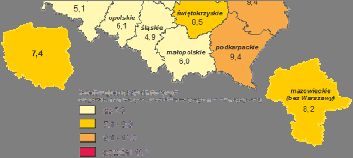 Mapa 1. Wskaźnik zagrożenia ubóstwem skrajnym w 2013r.