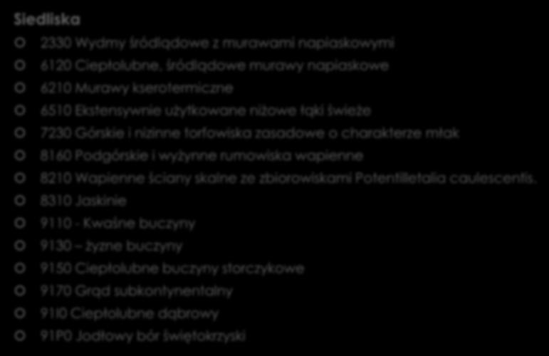 Przedmiot ochrony Natura 2000: Siedliska 2330 Wydmy śródlądowe z murawami napiaskowymi 6120 Ciepłolubne, śródlądowe murawy napiaskowe 6210 Murawy kserotermiczne 6510 Ekstensywnie użytkowane niżowe