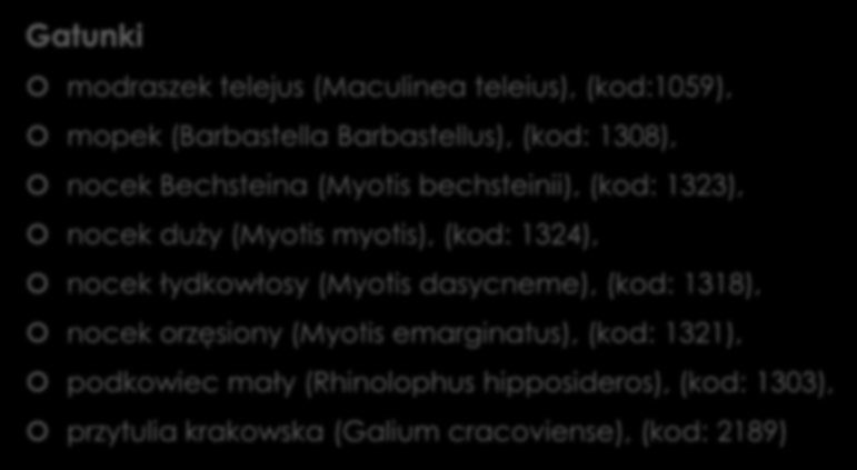 Przedmiot ochrony Natura 2000: Gatunki modraszek telejus (Maculinea teleius), (kod:1059), mopek (Barbastella Barbastellus), (kod: 1308), nocek Bechsteina (Myotis bechsteinii), (kod: 1323), nocek duży
