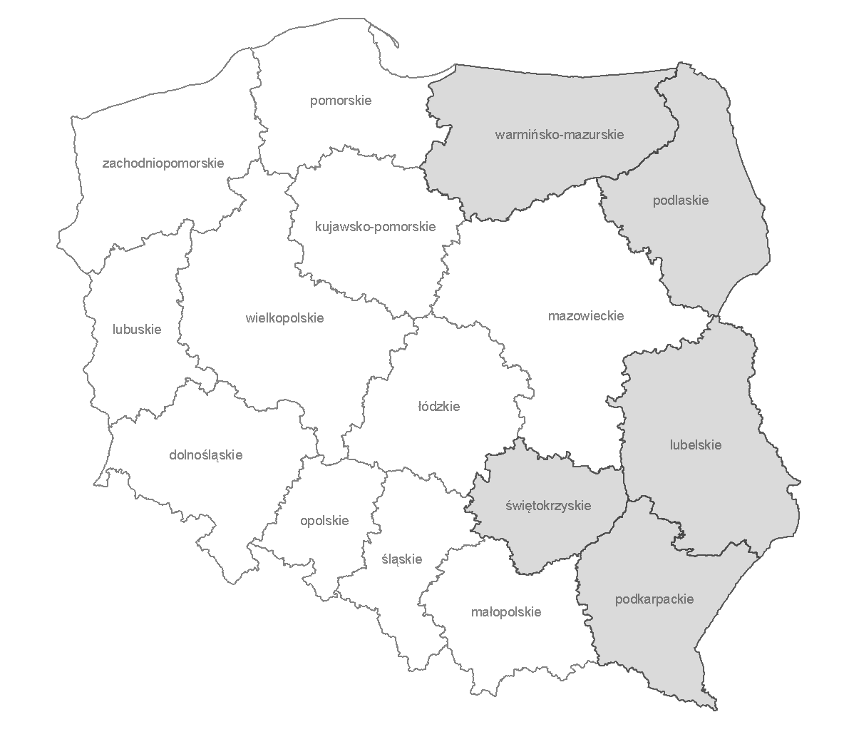 274 GOSPODARKA REGIONALNA I MIĘDZYNARODOWA Rysunek 1. Mapa Polski z podziałem na Polskę Wschodnią z uwzględnieniem województw Źródło: www.geo.stat.gov.pl [dostęp 20.04.2015].