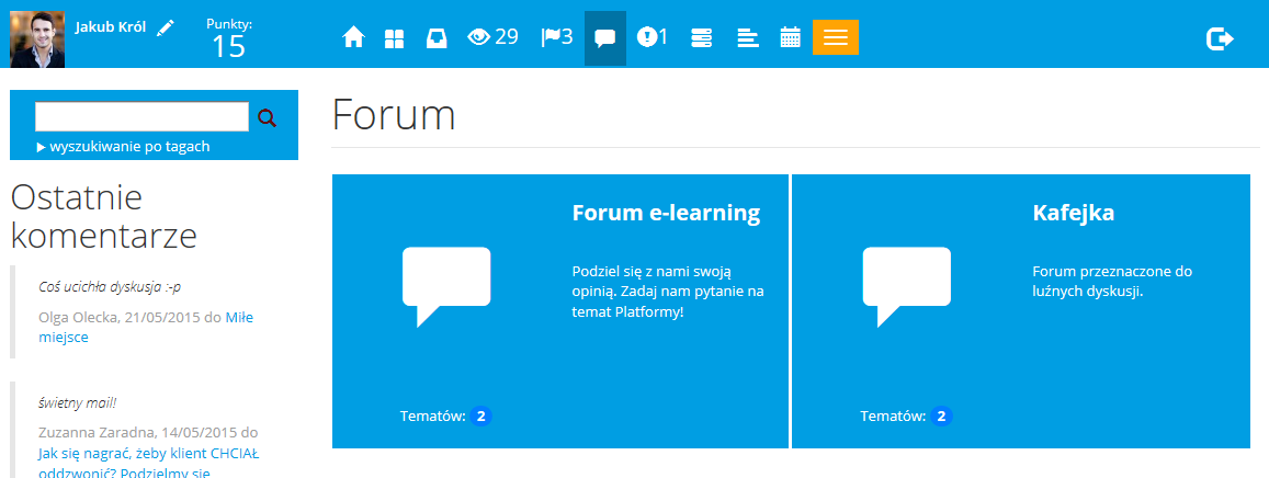 Social learning w skills@work - fora dyskusyjne Użytkownicy portalu mogą dzielić się opiniami i
