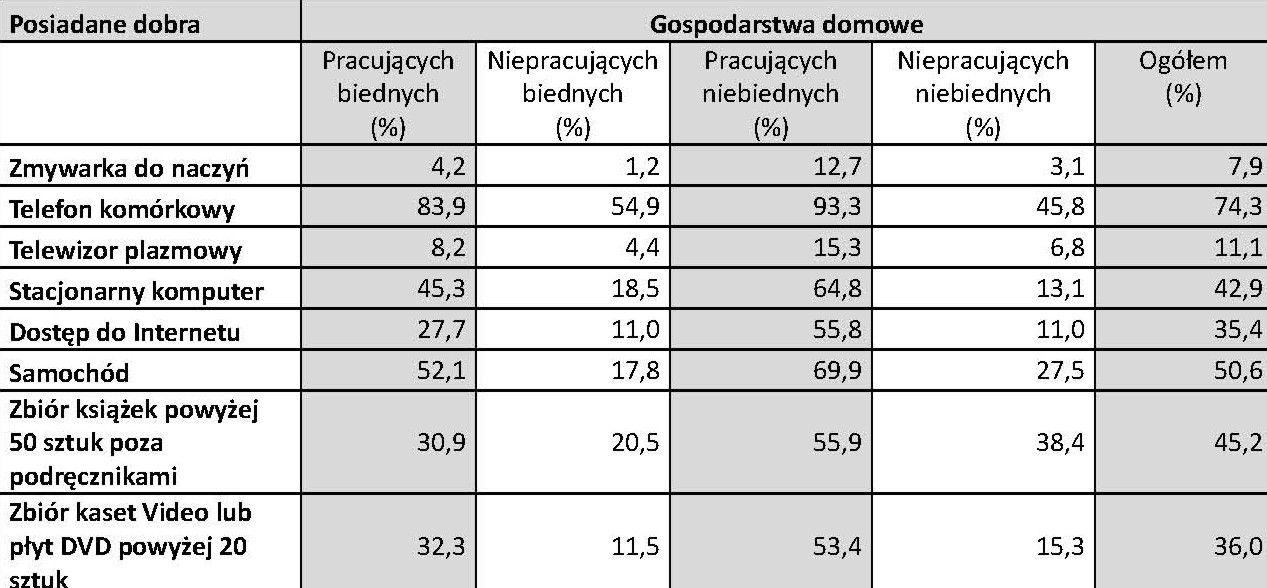 Tabela 5. Posiadane dobra w gospodarstwach domowych czterech kategorii statusu.