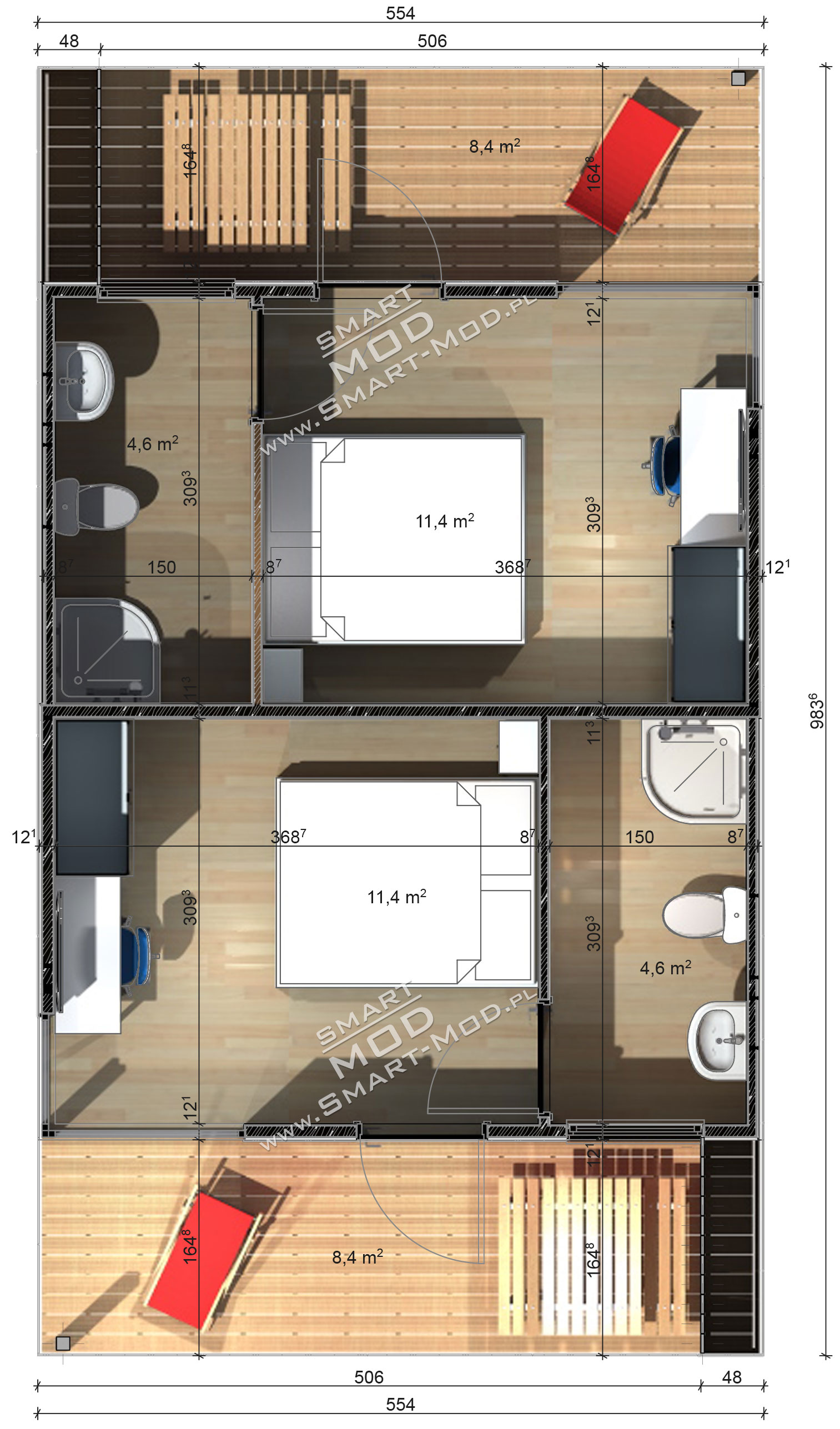 SmartMod - Domki kempingowe strona 10 Rzut Zestawienie pomieszczeń: 1. Dwie sypialnie po 11,4m² 2.
