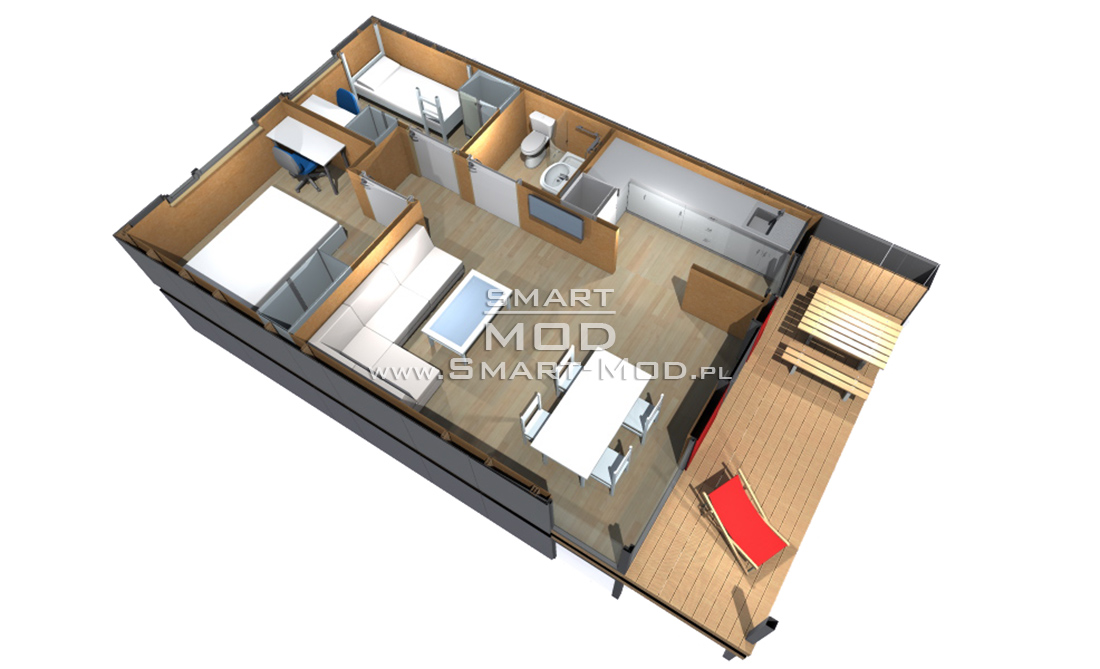 SmartMod - Domki kempingowe strona 5 dwu - sypialniany Domek kempingowy SmartMod dwu-sypialniany zaprojektowany jest jako samowystarczalny, wygodny i komfortowy budynek przeznaczony na wypoczynek dla