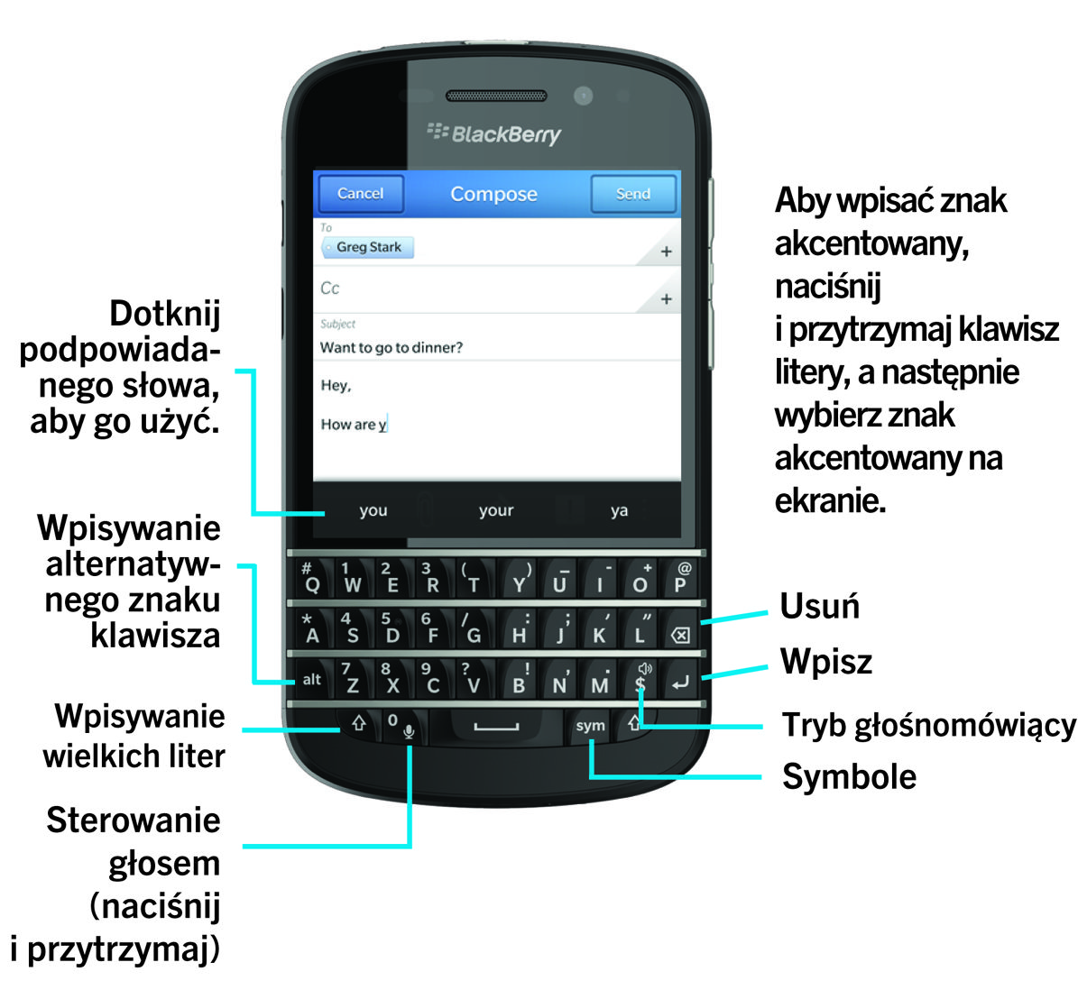 Odczytaj wiadomość na Klawiatura BlackBerry Odczytaj wiadomość na Klawiatura BlackBerry Klawiatura BlackBerry uczy się Twojego sposobu pisania i dostosowuje na bieżąco.