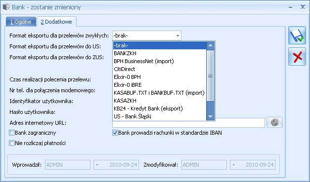 Str. 88 Moduł Kasa/Bank v. 2012.5.1 Rys. 49 Formatka banku z możliwymi do wyboru formatami wymiany danych 4.6.13.2 Jak przygotować listę przelewów do wysłania?