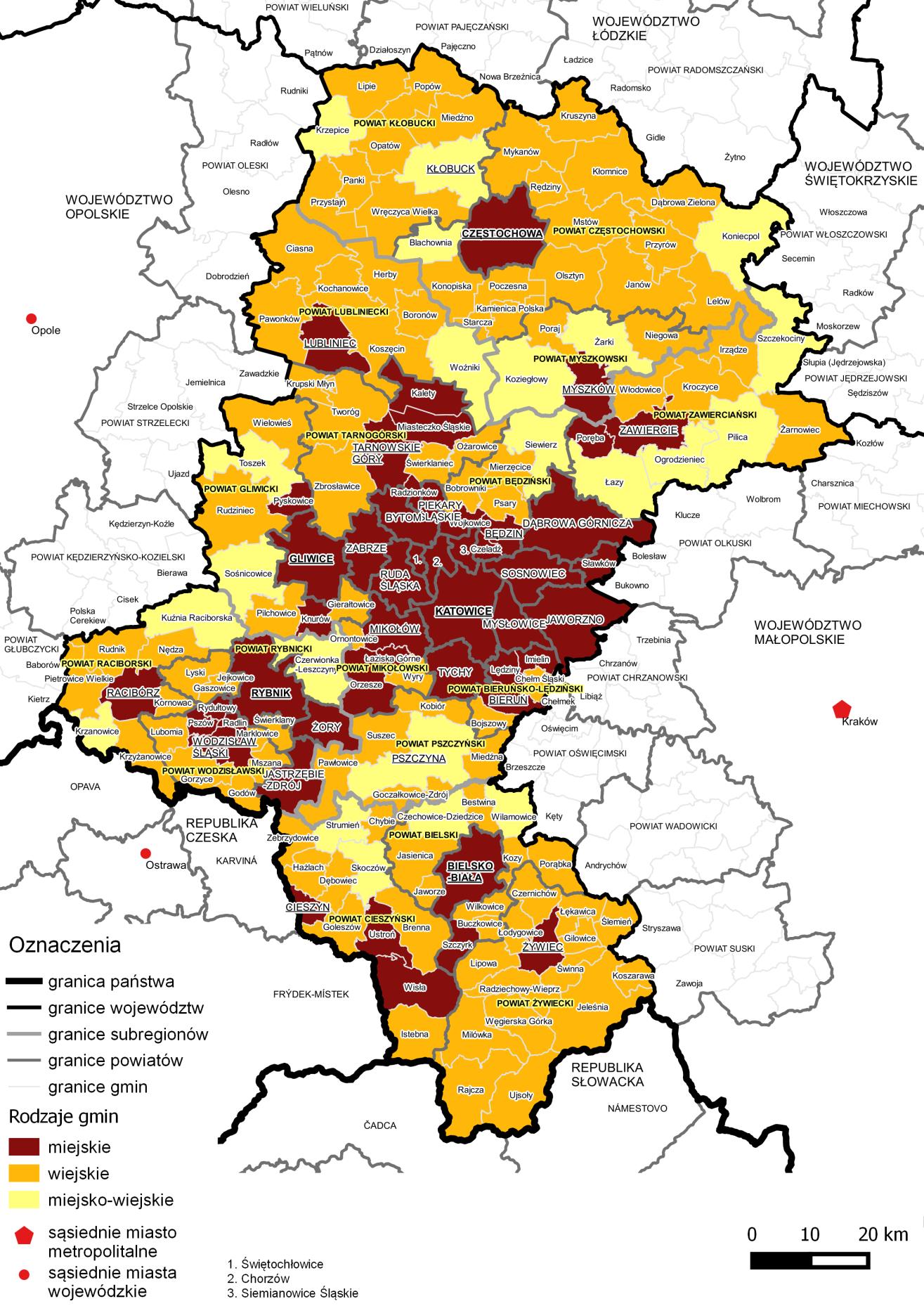 Mapa 2. Podział administracyjny województwa śląskiego.