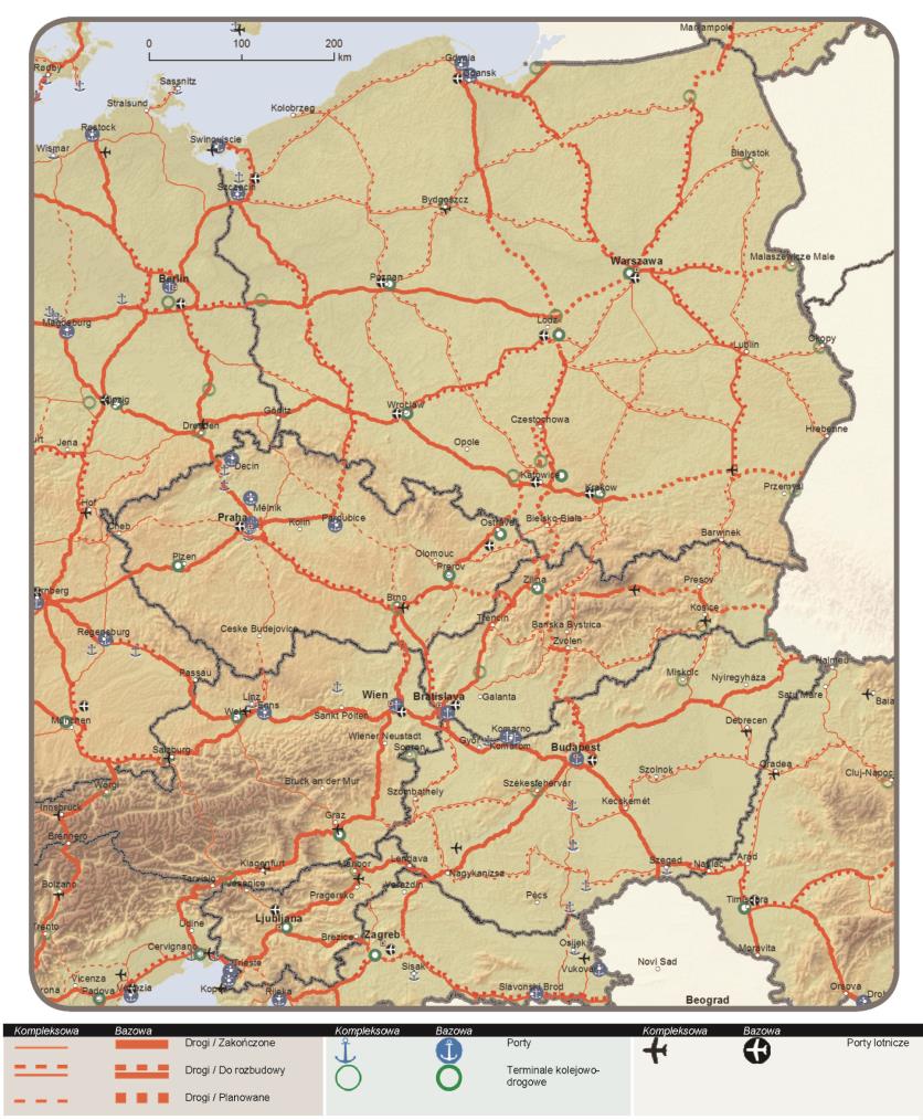 Rysunek 3. Sieć kompleksowa i bazowa: Drogi, porty, terminale kolejowo-drogowe i porty lotnicze. Źródło: Rozporządzenie Parlamentu Europejskiego i Rady (UE) nr 1315/2013 z dnia 11 grudnia 2013 r.