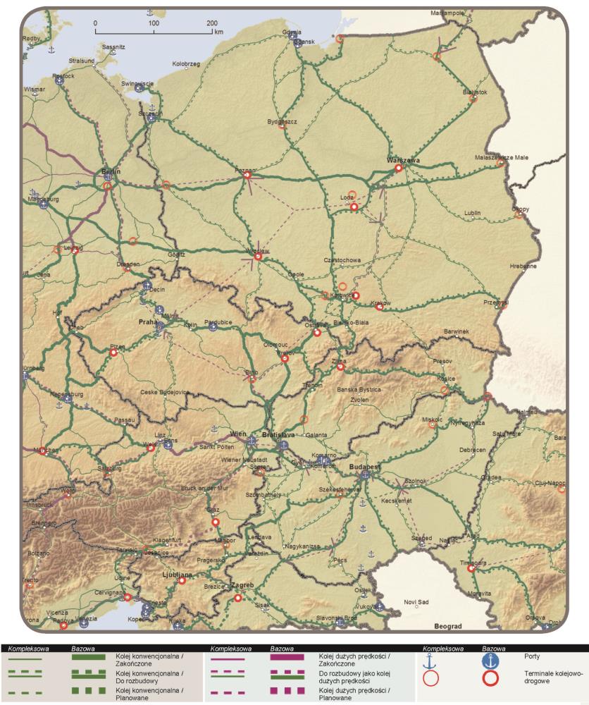 Rysunek 5. Sieć kompleksowa: Linie kolejowe, porty i terminale kolejowo-drogowe, Sieć bazowa: Linie kolejowe (towarowe) porty i terminale kolejowo-drogowe.