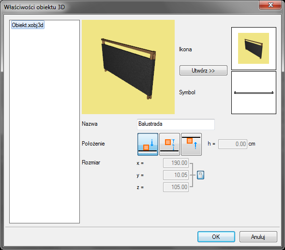 Obiekty Rys. 143 Okno zapisu własnego obiektu Ikona obrazek przedstawiający nowy obiekt, który będzie wyświetlany w bibliotece. Symbol symbol 2D nowego obiektu widoczny narzucie.