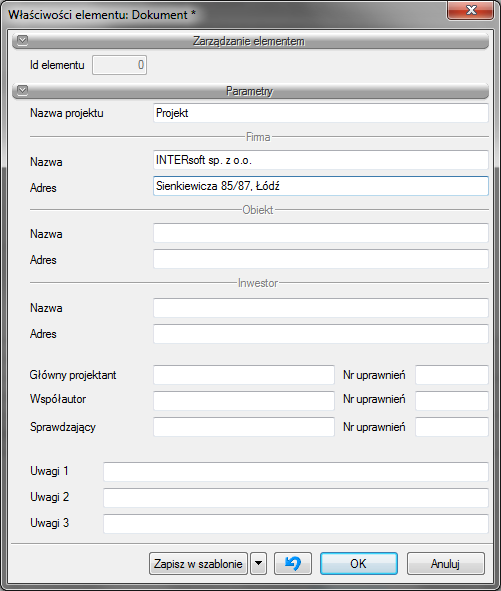 Narzędzia projektu Rys. 150 Zdefiniowana powyżej tabelka wprowadzona na rzut Część informacji, która się powtarza, można wprowadzić w okno Właściwości elementu: Dokument. Rys. 151 Okno właściwości dokumentu Nazwa projektu nazwa projektowanego obiektu.