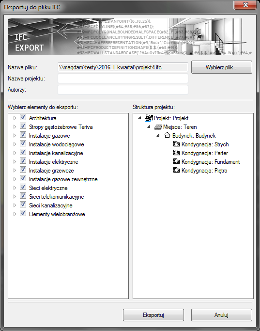 Współpraca z innymi programami Rys. 156 Okno eksportu danych do pliku IFC W powyższym oknie następuje wybór eksportowanych elementów, dostępny poprzez zaznaczenie kolejnych pozycji listy.