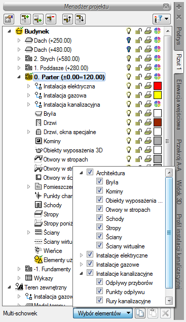 Podstawy działania programu Rys. 18 Rzut kondygnacji z wyłączonymi obiektami Instalacji kanalizacyjnych UWAGA: Filtry branżowe dostępne są w widokach: Rzut, Przekrój i Widok 3D.