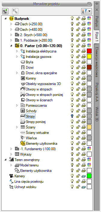 Podstawy działania programu Wstążka System grupa logiczna Widok Wstaw rzut UWAGA: Kolejny (nowy) widok rzutu można wstawić, mając aktywny wyłącznie widok rzutu.