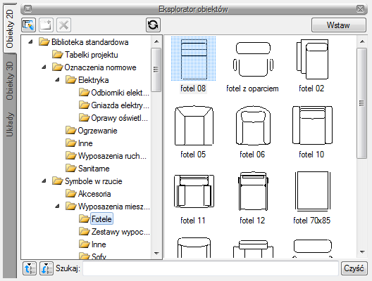 Obiekty 5.1. Eksplorator obiektów 2D i 3D Dla wzbogacenia projektu w płaskie symbole na rzucie kondygnacji lub trójwymiarowe elementy aranżacji wnętrz projektu program posiada bibliotekę obiektów.