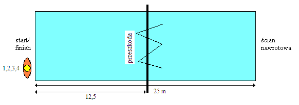 Sztafeta 4 x 50 m z przeszkodami Na sygnał dźwiękowy pierwszy zawodnik skacze do wody i przepływa 50 m sposobem dowolnym dwukrotnie pokonując przeszkodę.