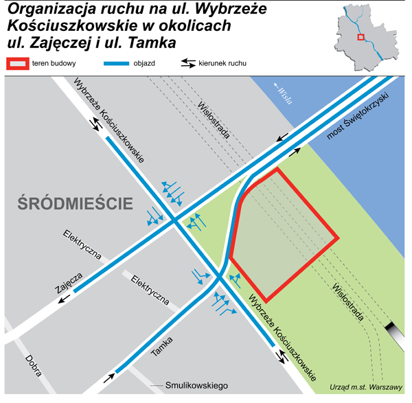 Na poniższym schemacie organizacji ruchu na skrzyżowaniu Wybrzeża Kościuszkowskiego z Tamką pokazano