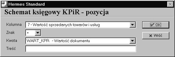 Każdy schemat księgowy posiada dowolny trzyznakowy symbol oraz nazwę. W tabeli pozycji definiuje się operacje jakie będą wykonywane przy uruchomieniu schematu księgowego.