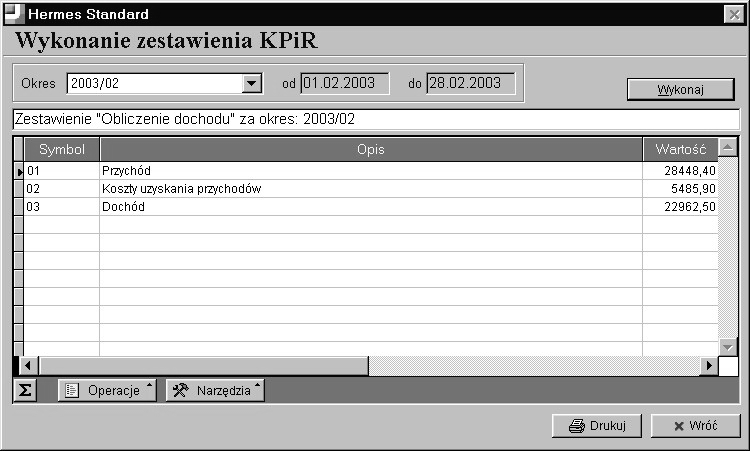 9.2. Wykonanie zestawienia Jeśli zestawienie zostało zdefiniowane można je wykonać wybierając w tabeli Zestawienia KPiR opcję Operacje -> Wykonaj zestawienie. Pojawia się poniższy formularz.