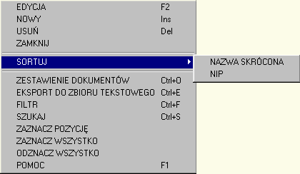 Kontrahenci wyświetlani w tabeli mogą być sortowani w/g NAZWY SKRÓCONEJ, bądź numeru NIP.