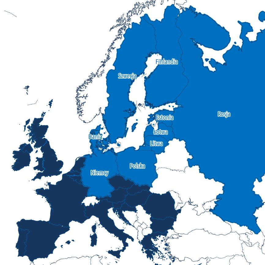 Rysunek nr 2 Zasięg przestrzenny analizowanych programów działań - teren UE i Rosji, ze szczególnym uwzględnieniem państw