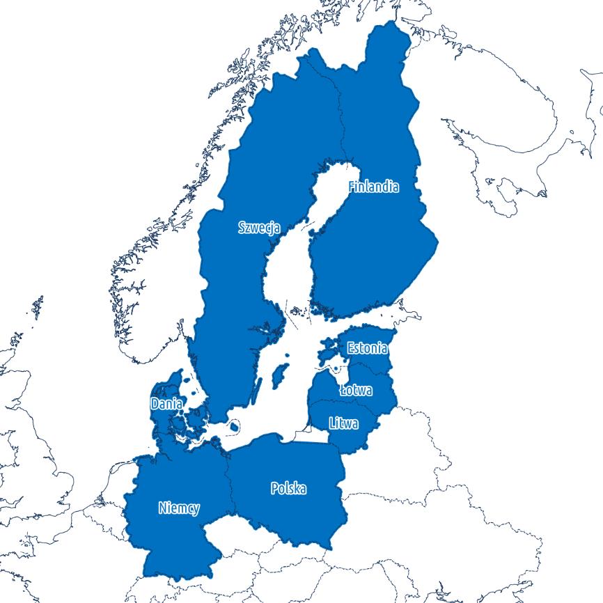 Rysunek nr 4 Zasięg przestrzenny analizowanych programów działań - państwa członkowskie zlokalizowane nad Morzem Bałtyckim.