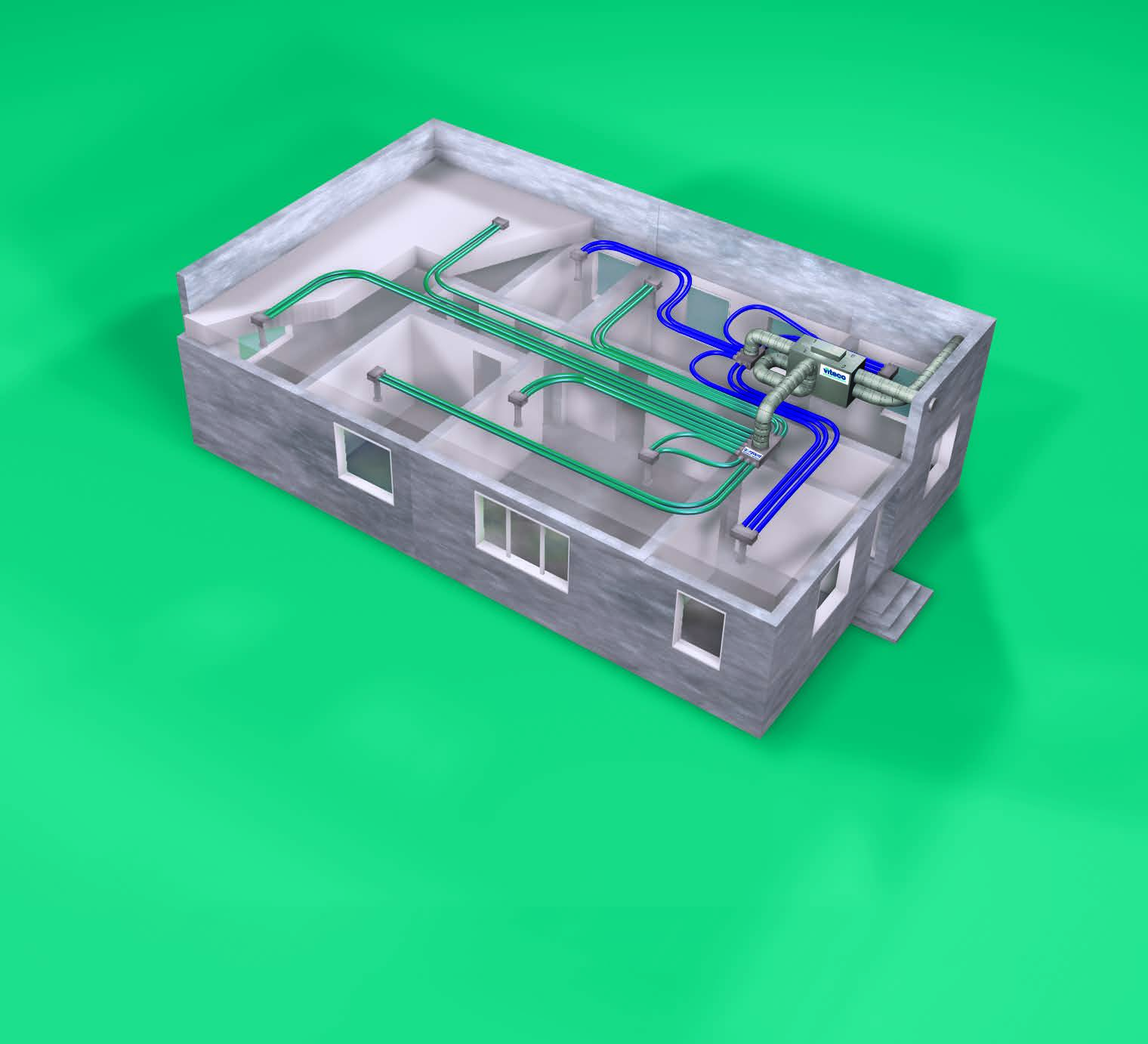 Przykład instalacji systemu wentylacji z rekuperacją Pokój x75x5 Łazienka mała Wyciąg x75x5 Sypialnia x75x5 Kuchnia Wyciąg x75x5 Wyrzutnia powietrza Pokój x75x5 Czerpnia powietrza Pokój x75x5 Salon