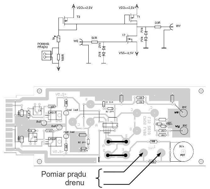 Rys. 8. Wkładka pomiarowa - wzmacniacz CMOS z regulowanym prądem drenu 3. Pomiary Pamiętaj!