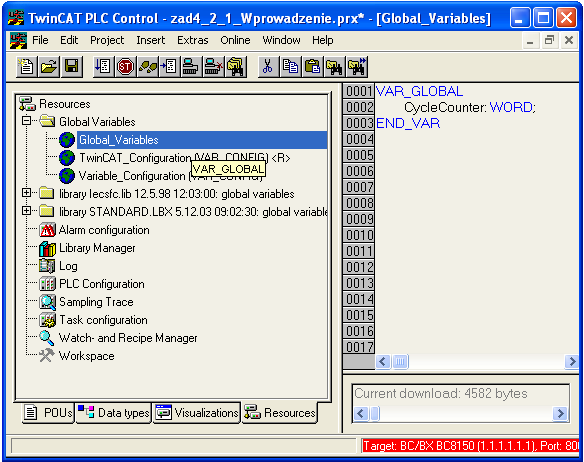 Bądź bezpośrednio w oknie Resources dla pola Global_Variables. Odwołując się do zmiennej CycleCounter w akcjach grafu SFC możliwe jest określenie, które akcje wywoływane są w tym samym cyklu!