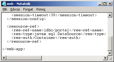 131 Deklaracja referencji do źródła w aplikacji webowej WAR JNDI jdbc/portaldb wiązanie