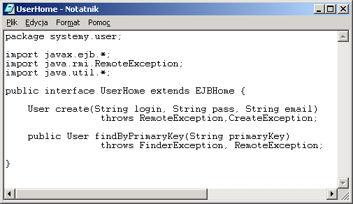 Interfejs domowy EJBHome UserHome.