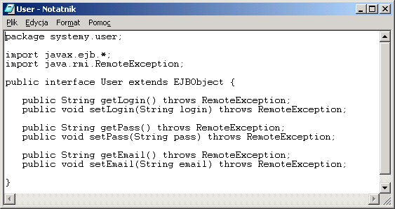 Interfejs zdalny EJBObject User.