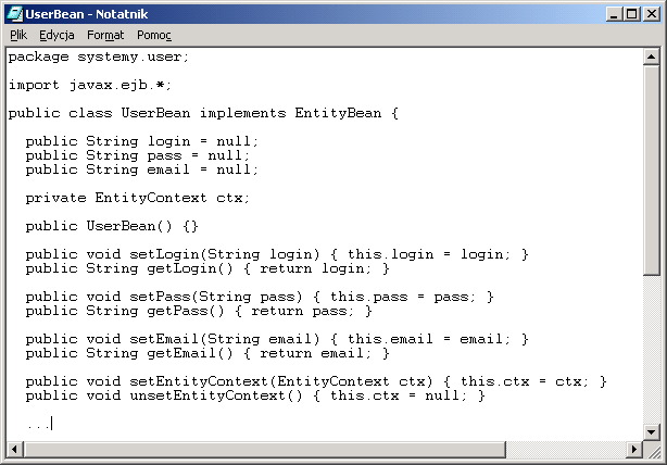 184 Klasa komponentu Entity Bean a UserBean.java Brak dodatkowych bibliotek (np. java.