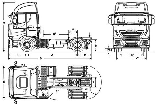 Wymiary (mm) Rozstaw osi A - 3610 3790 - - - - - Długość całkowita B - 6070 6250 - - - - - Szerokość całkowita E - 2550 2550 - - - - - Wysokość całkowita niezaładowany 3 H - 3758 3758 - - - - -