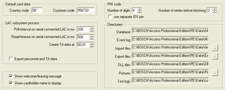 24 pl Informacje ogólne Access PE - Personnel Parametr Wartość domyślna Opis Kod kraju 00 Części danych karty Kod klienta 056720 identyfikacyjnej dodawane są do wprowadzonego ręcznie numeru karty.