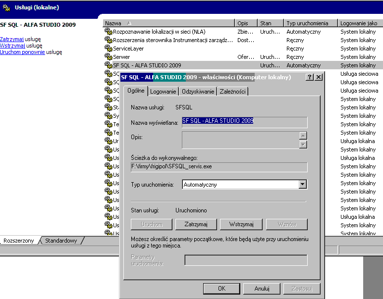 239 Oczywiście aby serwer automatycznie startował po włączeniu komputera musi być typ uruchomienia Automatyczny. ; konfiguracja serwera SFSQL (alfa studio www.software-freus.