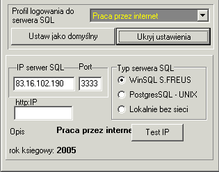 6 IP serwer SQL : adres IP serwera SQL, moŝe być podany w postaci dziesiętnej, lub domenowej np. www.mucha.dyndns.org, gdzie program sam skomunikuje się z serwerami nazw i określi IP serwera.