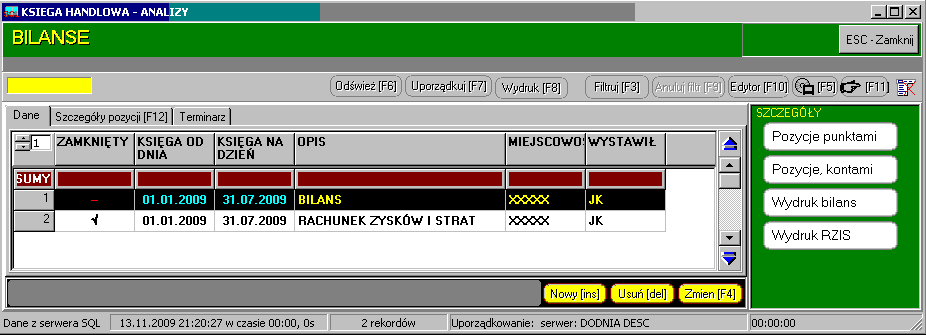 77 Na końcu wydruk jako pomocnicze pojawia się zestawienie kont wynikające z powyŝszych dekretów Analizy, bilans i rachunek zysków i strat Pogram przygotowany jest na analizę księgi handlowej i