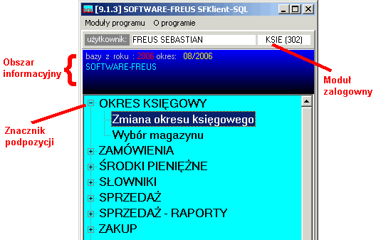 8 Menu programu Po zalogowaniu, program w zaleŝności od modułu logowania przypisanego do uŝytkownika wyświetli róŝne pozycje menu. Menu programu jest oknem składającym się z czterech części.