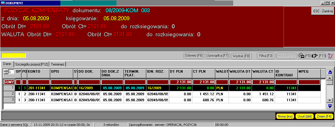 96 generuje się automatycznie i w danej chwili widzimy tylko kompensaty z danego okresu miesięcznego. Kompensaty mają własny skrót (pomocniczą księgę handlową) KOM.