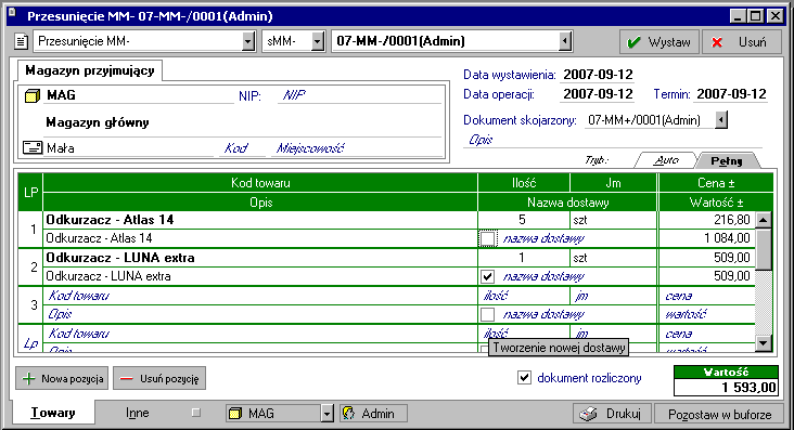 Gospodarka magazynowa 6 15 nieznacznie, dlatego też będą one omawiane łącznie. Podczas wystawiania dokumentu przesunięcia międzymagazynowego program automatycznie wystawia dokument skojarzony.