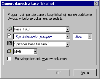 7 6 Podręcznik użytkownika Handel Rys. 7-3 Okno Import danych z kasy fiskalnej. Zaleca się generowanie dokumentu raz dziennie tuż przed wykonaniem raportu dobowego.